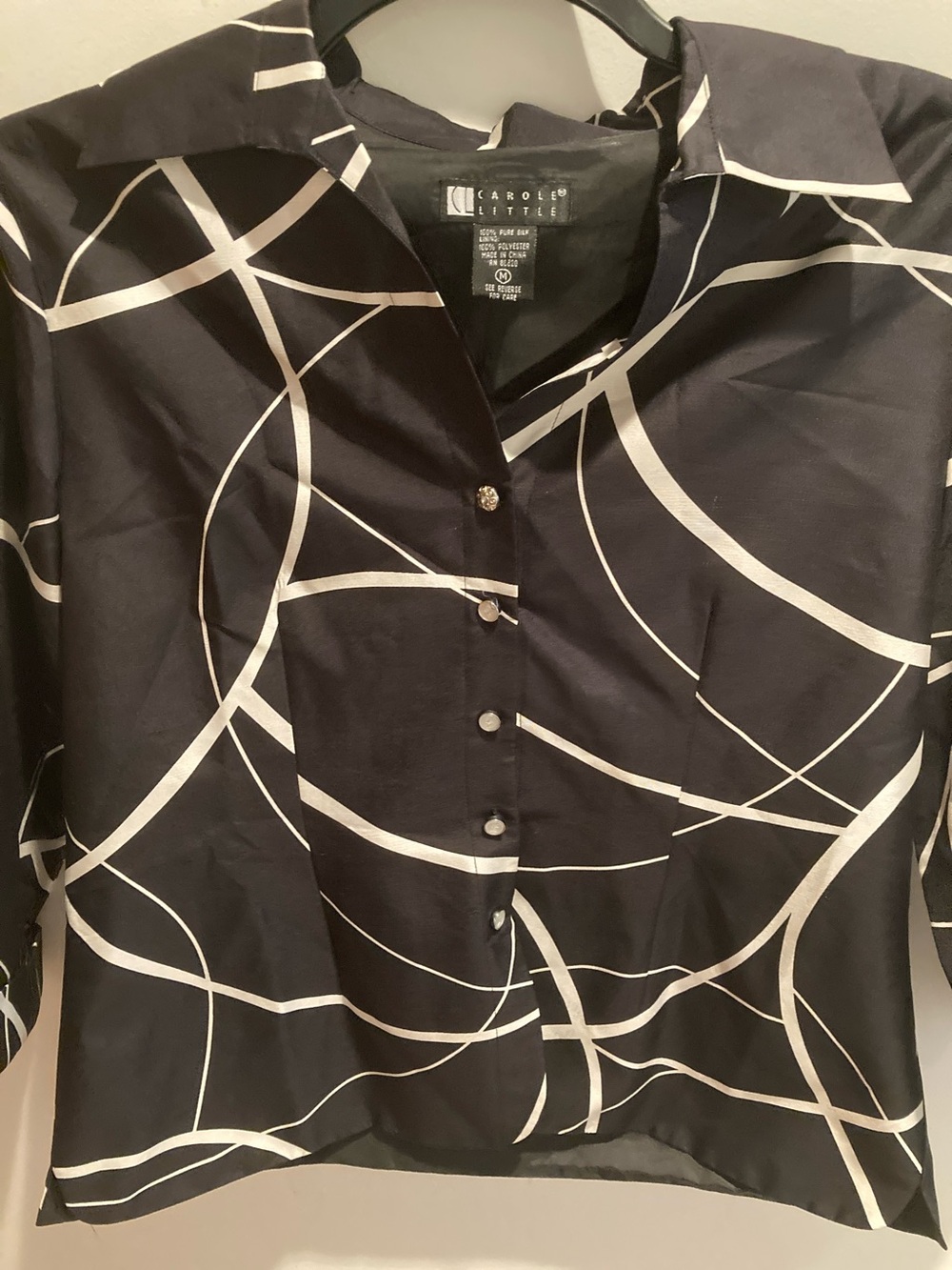 Carole Little Black Button-Front Blouse with White Abstract Swirls 100% SILK